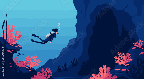 Underwater scuba diving adventure near coral reef and sea cave exploration. Vector illustration