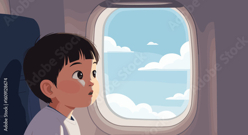 Young asian child gazing out airplane window at blue sky and clouds. Vector illustration