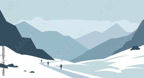 Silhouetted hikers on snowy mountain path in minimalist blue and white landscape. Vector illustration