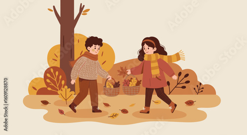 Children in autumn park collecting leaves and enjoying fall scenery. Vector illustration