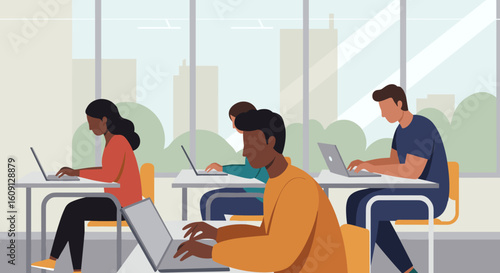 Diverse group of young adults studying using laptops in classroom setting. Vector illustration
