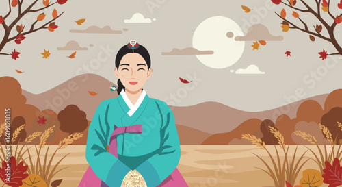 Asian young female in traditional korean dress amidst autumn landscape with falling leaves. Vector illustration