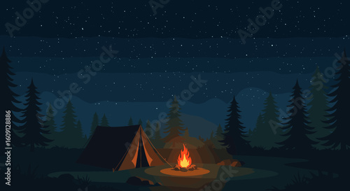 Starlit night camping with tent and campfire in forest under starry sky. Vector illustration