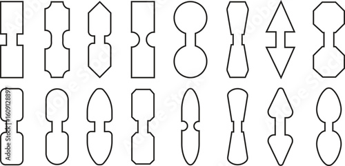Strap connectors tab icons set in line styles. Webbing clip group, buckle fastener collection, strap tab symbols for bags, backpack, outdoor gear, harness, apparel, and accessories.