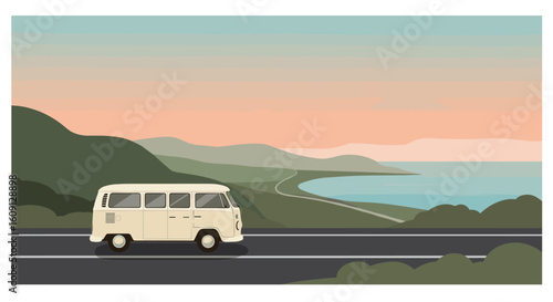 Classic beige van on a scenic coastal drive at sunset with rolling hills and ocean view. Vector illustration