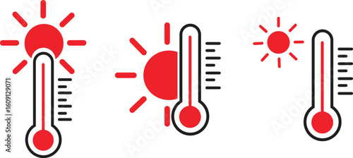 Hot weather sun red thermometer flat icons set. Heat warning symbol group, warm temperature collection, high Celsius level, summer forecast, climate change and heating measurement vector illustrations