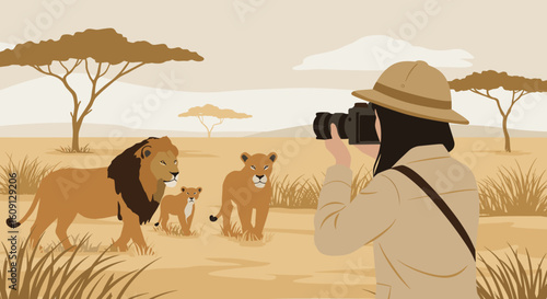 Female photographer captures lion family in african savannah landscape. Vector illustration