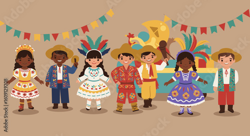 Diverse children in traditional hispanic clothing celebrating festival. Vector illustration