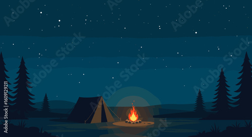 Night camping scene with tent and campfire under starry sky in forest. Vector illustration