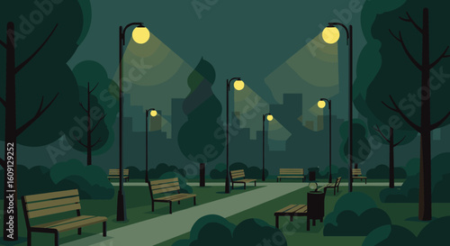 Nighttime city park pathway with streetlights and benches in tranquil urban setting. Vector illustration