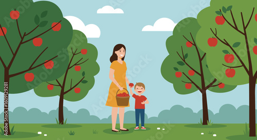 Caucasian female adult and child apple picking in orchard with red apple trees. Vector illustration