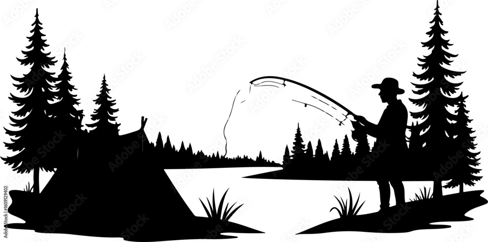 Fototapeta premium Silhouette of Man Fishing by Lake with Tent and Pine Trees