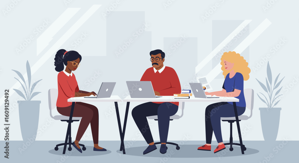 Diverse team collaboration: young male and female professionals working in office. Vector illustration Diverse team collaboration: young male and female professionals working in office. Vector illustration