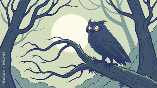 Owl illustration in forest at night vector art nocturnal bird wildlife scene nature drawing graphic design 100