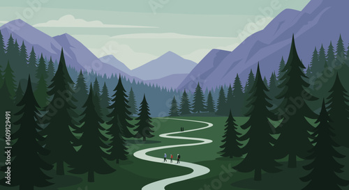 Serene mountain landscape with hiking trail and evergreen trees in the valley. Vector illustration