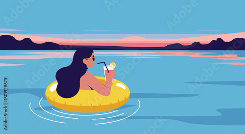 Young hispanic woman relaxing in pool with drink at sunset. Vector illustration