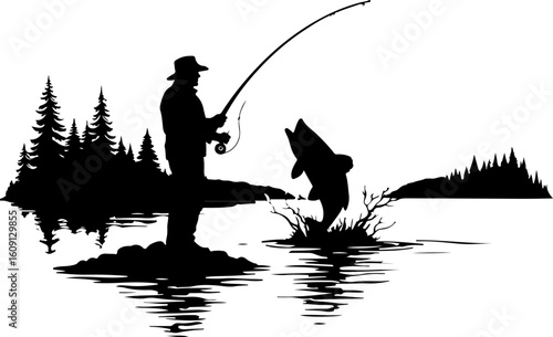 fishing silhouette, man fishing, dog by lake, lake 