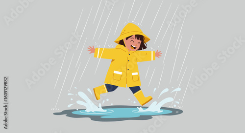 Young hispanic female child in yellow raincoat jumping in puddle on rainy day. Vector illustration