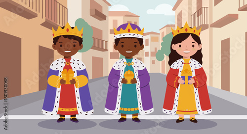Three diverse young monarchs in royal attire holding gifts in urban setting. Vector illustration