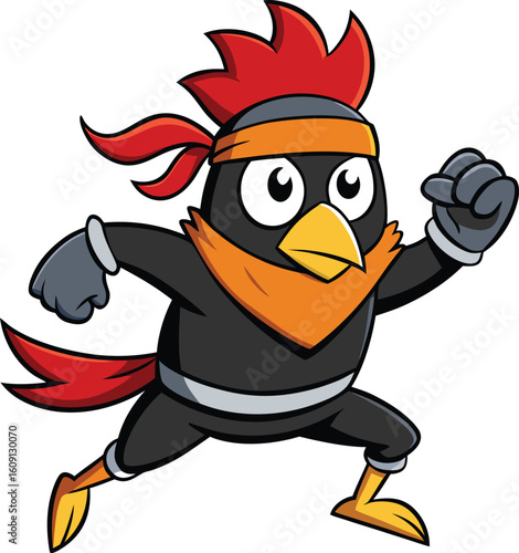 Cartoon chicken ninja in action pose with red headband and orange scarf bird martial arts