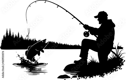 fishing silhouette, man fishing, dog by lake, lake 