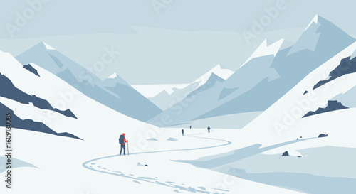 Group of hikers trekking through snowy mountain landscape in winter adventure scene. Vector illustration