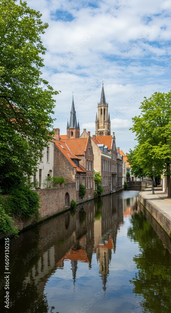 Fototapeta premium Historic Bruges Canal Reflects Medieval Architecture