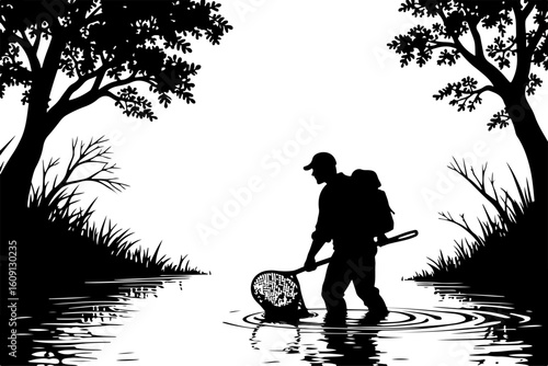 Man Fishing with Dog by Lake – Nature Silhouette Scene vector bundle