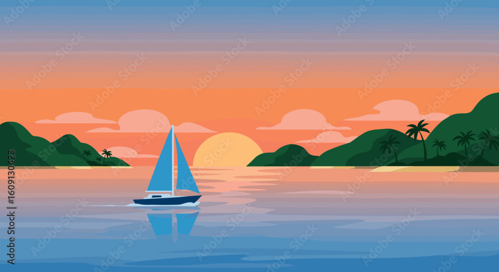 Naklejka premium Serene sunset sailing with vibrant colors over tranquil ocean waters and lush island landscape. Vector illustration