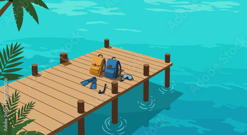 Scenic tropical pier with backpacks and snorkeling gear on a sunny day. Vector illustration