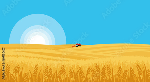 Tractor harvesting in golden wheat field under a clear blue sky with bright sun. Vector illustration