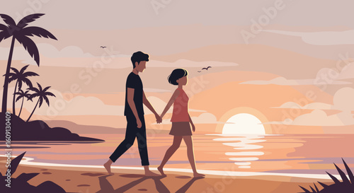 Couple walking on beach at sunset: romantic evening stroll by the ocean. Vector illustration