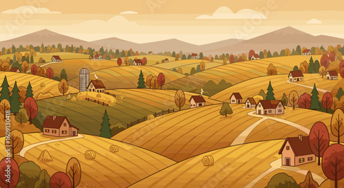 Autumn countryside landscape with rolling hills and farmhouses in warm colors. Vector illustration