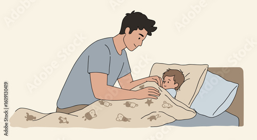 Caucasian young male tucking child into bed with blanket in cozy room setting. Vector illustration