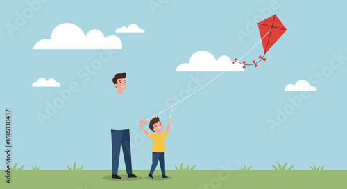 Young caucasian father and son flying red kite outdoors on sunny day. Vector illustration