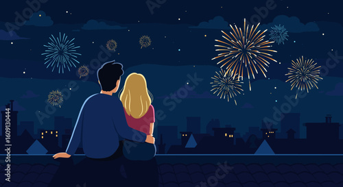 Young couple watching fireworks on rooftop at night. Vector illustration