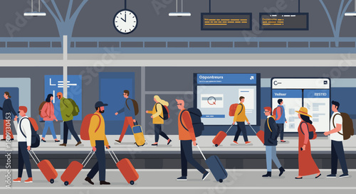 Diverse travelers with luggage walking on train platform at busy station. Vector illustration