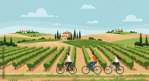 Biking through scenic countryside vineyards with rolling hills and blue sky. Vector illustration