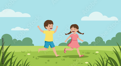 Young caucasian children playing in sunny park with green grass and blue sky. Vector illustration