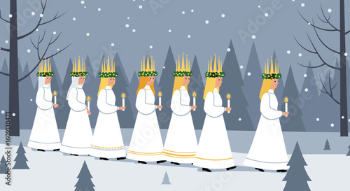 Traditional st. lucia procession of caucasian women in winter forest at night celebrating swedish christmas. Vector illustration