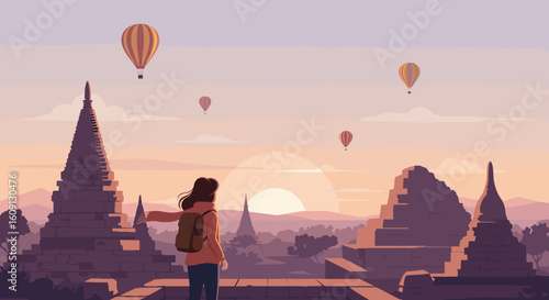 Female traveler at sunrise temple with hot air balloons - asian adventure landscape. Vector illustration