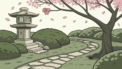 Leinwandbilder Olivgrün Japanese garden illustration with stone lantern and cherry blossom tree landscape vector art design image  © Aslihan