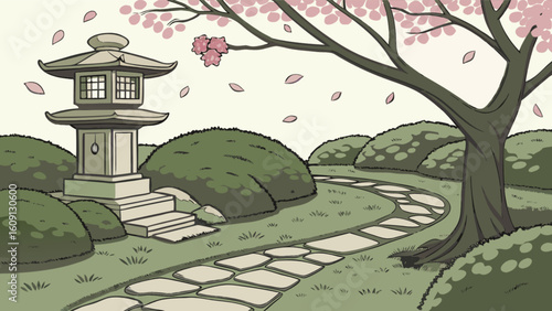 Japanese garden illustration with stone lantern and cherry blossom tree landscape vector art design image