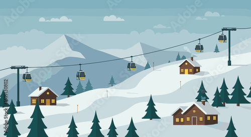 Ski resort landscape with snowy cabins and gondola lift in winter mountains. Vector illustration