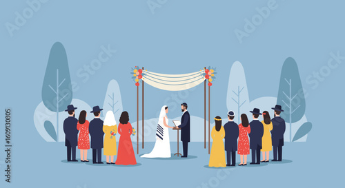 Jewish wedding ceremony illustration with diverse adult guests in nature setting. Vector illustration