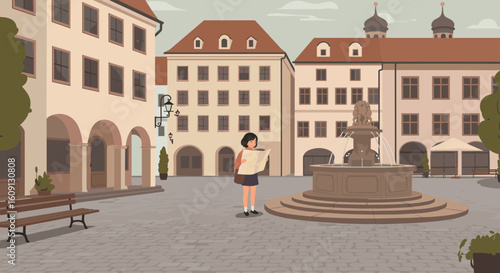 Young asian woman reading map in historic town square with fountain and architecture. Vector illustration