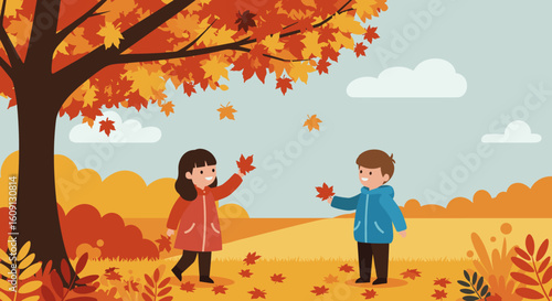 Children playing with autumn leaves in park - caucasian young boy and girl enjoying fall outdoors. Vector illustration