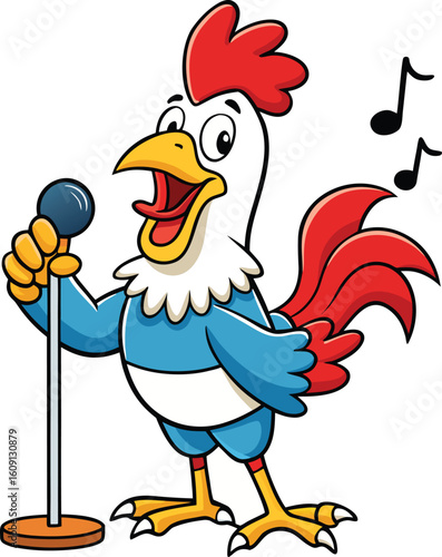 Cartoon rooster singing into a microphone with musical notes chicken