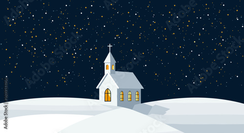 Snowy winter night with illuminated church under starry sky. Vector illustration