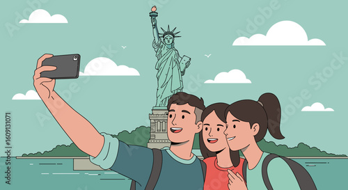 Group of young adults taking selfie in front of statue of liberty on a clear day. Vector illustration